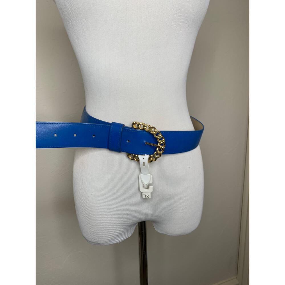 Royal Blue Leather Deadstock Wide Belt Gold "Chain" Buckle Sz XL